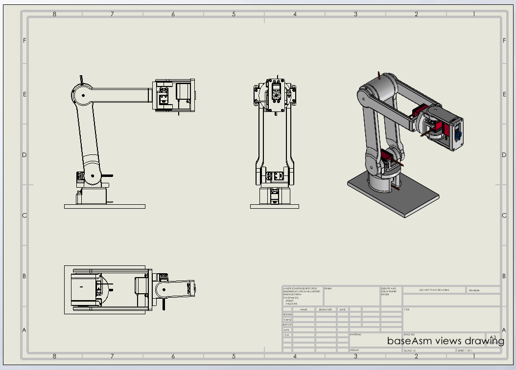 Engineering drawing showing multiple views of the six-servo final arm