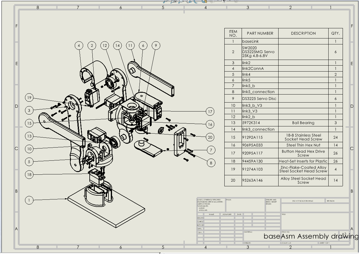 Exploded engineering drawing and bill of materials for the robotic arm