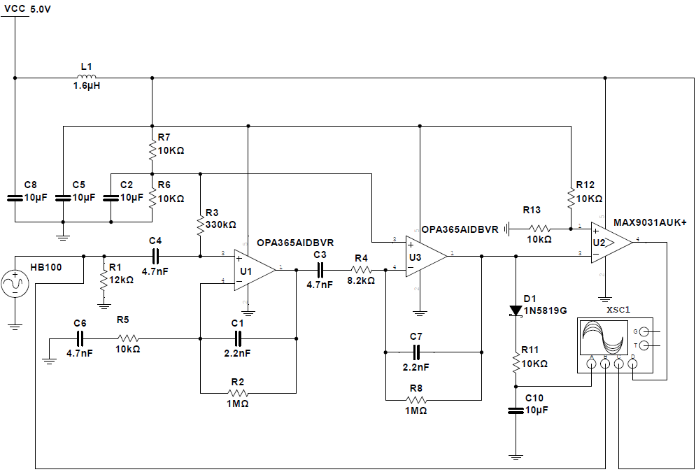 Two-stage band-pass filter circuit and oscilloscope output