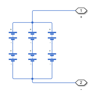 Electrical schematic showing three parallel strings of two series-connected batteries